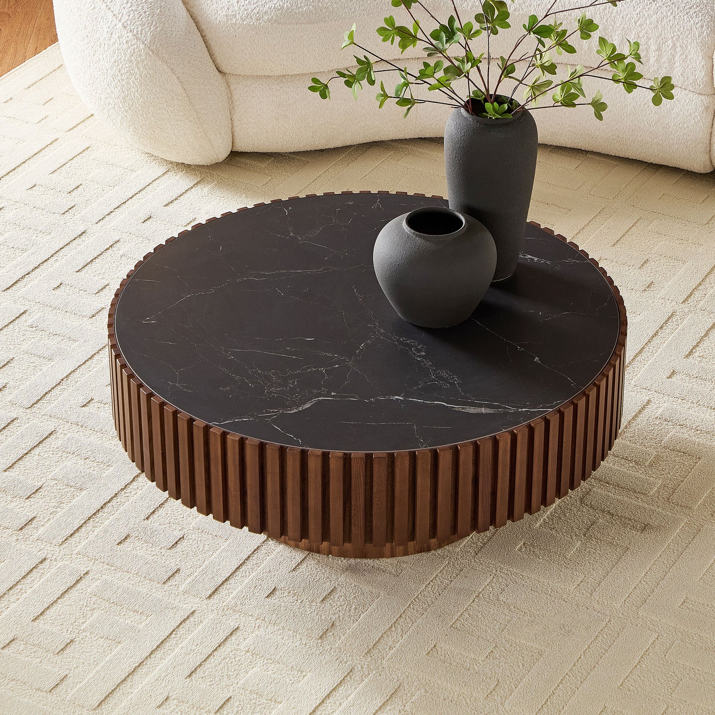 35.43'' Nesting Round Sintered Stone Tabletop Modern Drum Coffee Table Luxury Circle Coffee Table for Apartment Walnut image 9