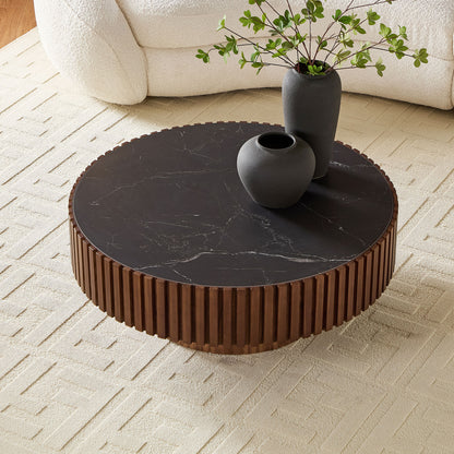 35.43'' Nesting Round Sintered Stone Tabletop Modern Drum Coffee Table Luxury Circle Coffee Table for Apartment Walnut image 9