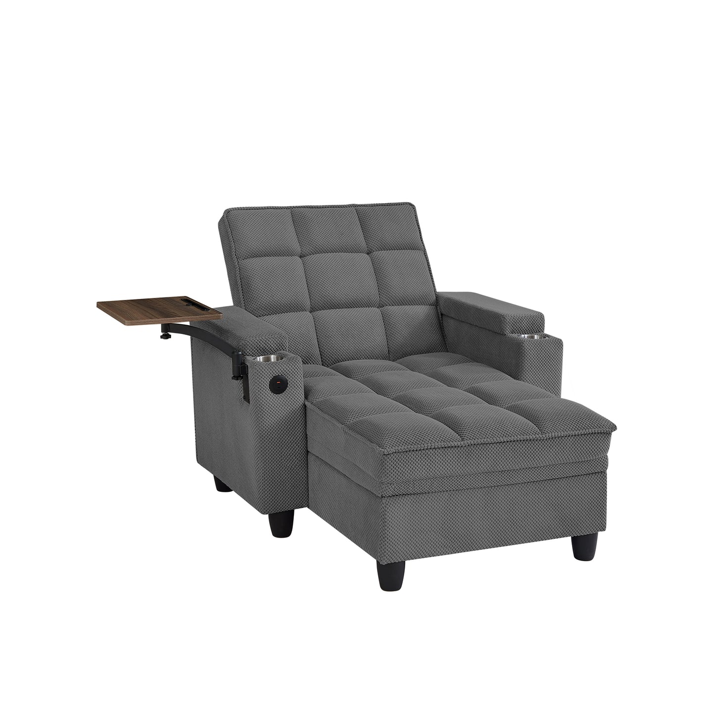 Dark Grey Chaise Lounge Sofa,Sleeper Chair Bed with 6-Position Adjustable Backrest,USB Ports, Cup Holder and Swivel Side Table image 9