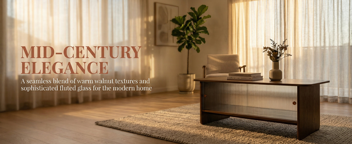 47" Coffee Table With Storage, Rectangular Mid-Century Retro Center Table, Fluted Glass Sliding Doors For Living Room Bedroom Guest Room, Walnut. image 4