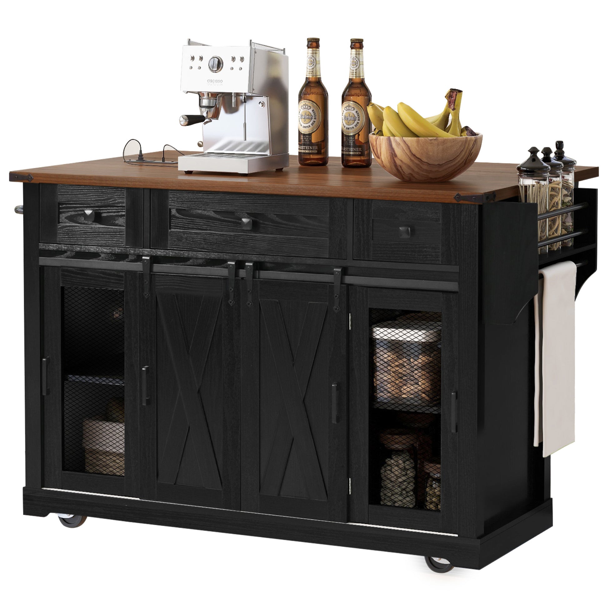 K&K 58" Farmhouse Kitchen Island with Storage, Sliding Barn Door & Metal Grid Side Door, Rolling Kitchen Island on 5 Wheels with Spice Rack, Glass Holders,Island Table with Drop Leaf for Kitchen,Black image 2