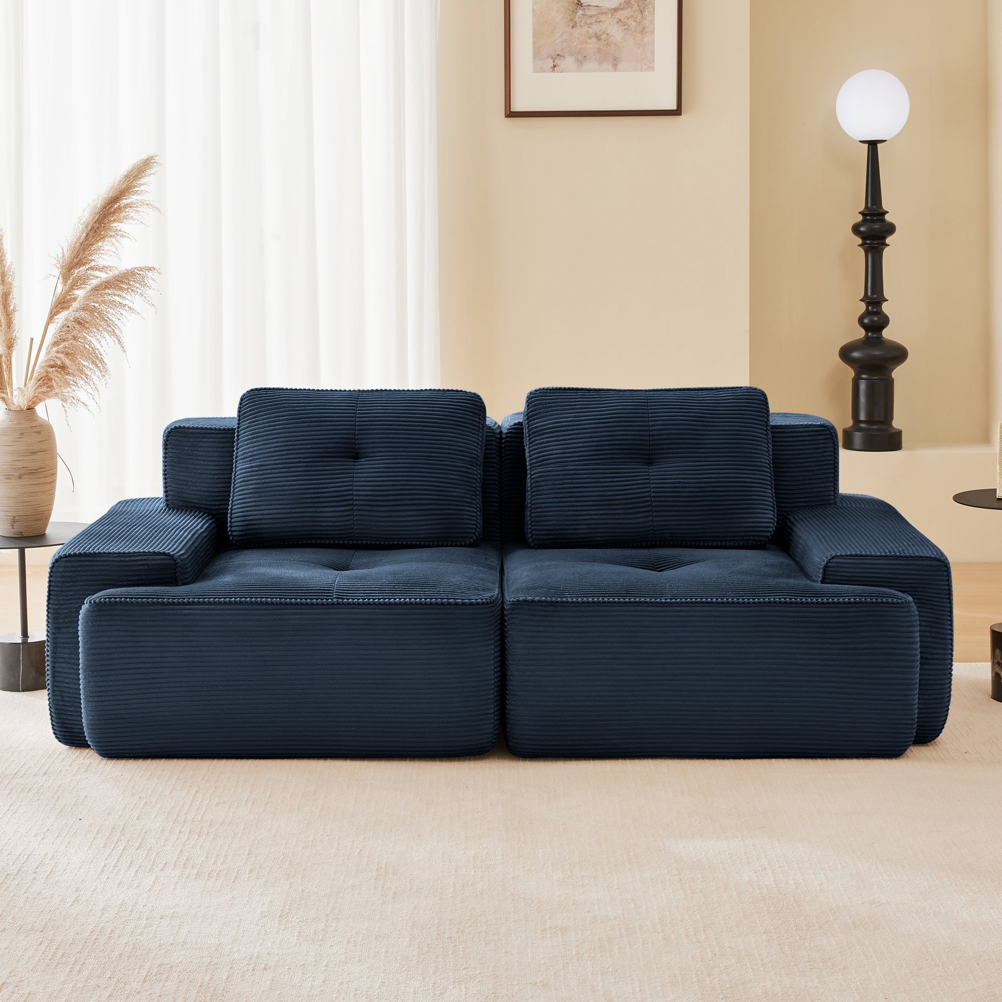 82" Modern L-Shaped Modular Sectional Sofa for Living Room, Corduroy Fabric, 2-Seater Couch with Deep Seat, Pearl-like piping, Tufted Design, No Assembly, Anti-slip Design​, Blue image 1