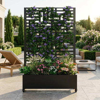 Metal Planter Box with Trellis, 73"x47"x16" Metal Raised Garden Bed with Trellis, Metal Planter Box with Drainage Holes & Lockable Wheels & Privacy Screen for Climbing Plants, Vegetables, Vines image 1