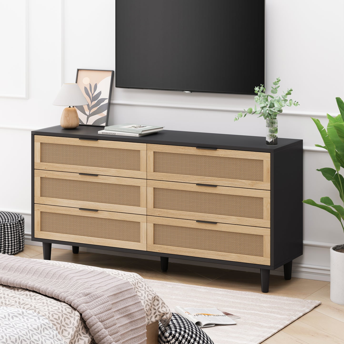 59.06"6-Drawers Rattan Storage Cabinet Rattan Drawer with White Drawer Slides,for Bedroom,Living Room,Black image 1