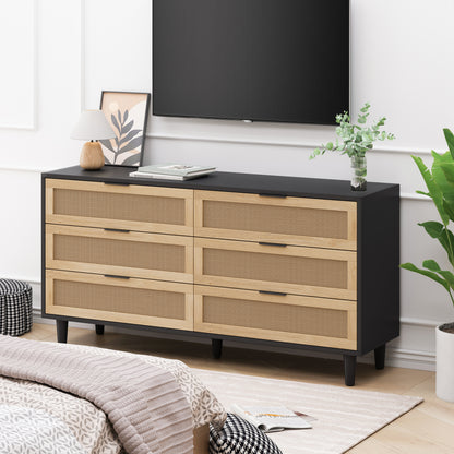 59.06"6-Drawers Rattan Storage Cabinet Rattan Drawer with White Drawer Slides,for Bedroom,Living Room,Black image 1