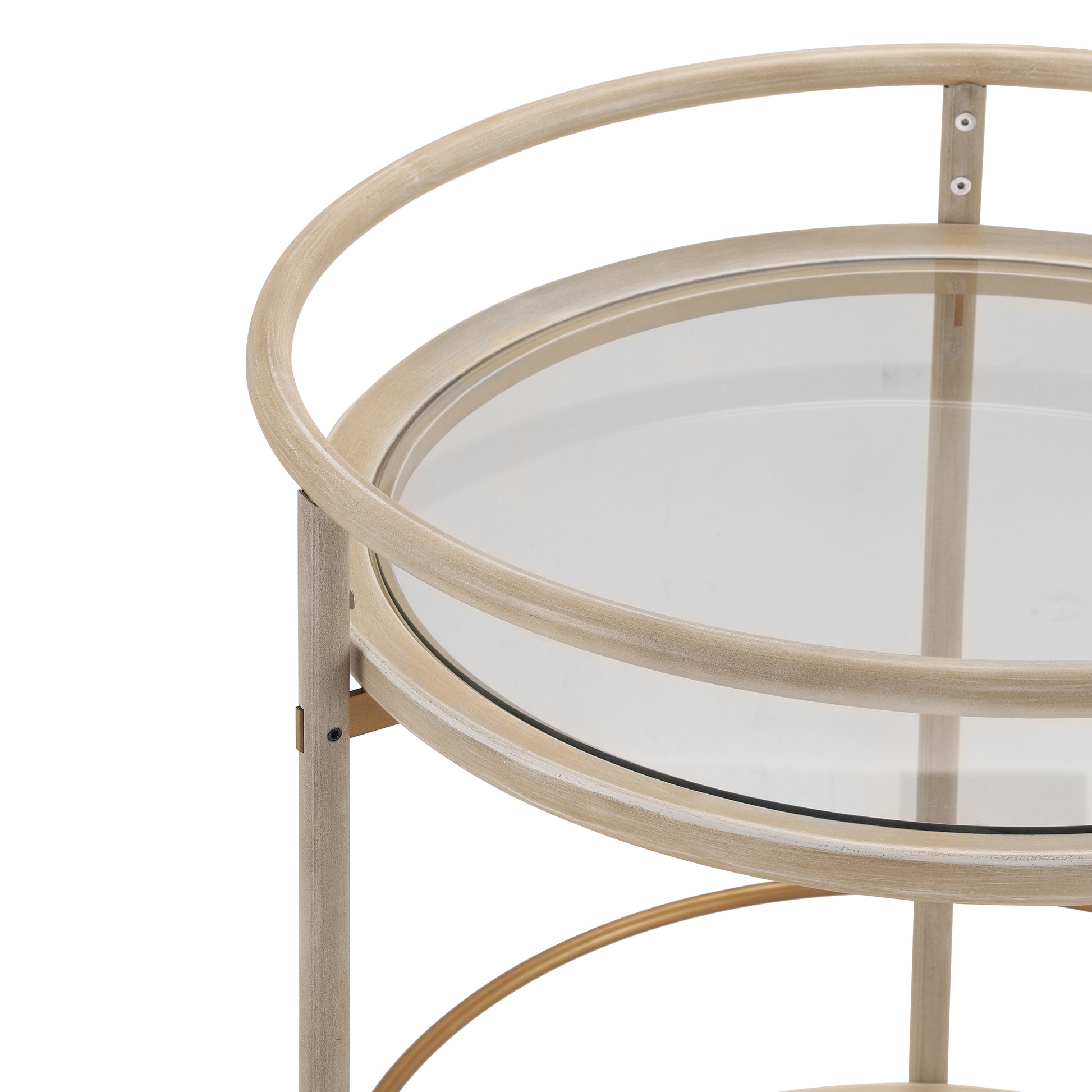 Round Bar Cart with Tempered Glass Shelves and Gold Accents,Distressed White Finish image 6