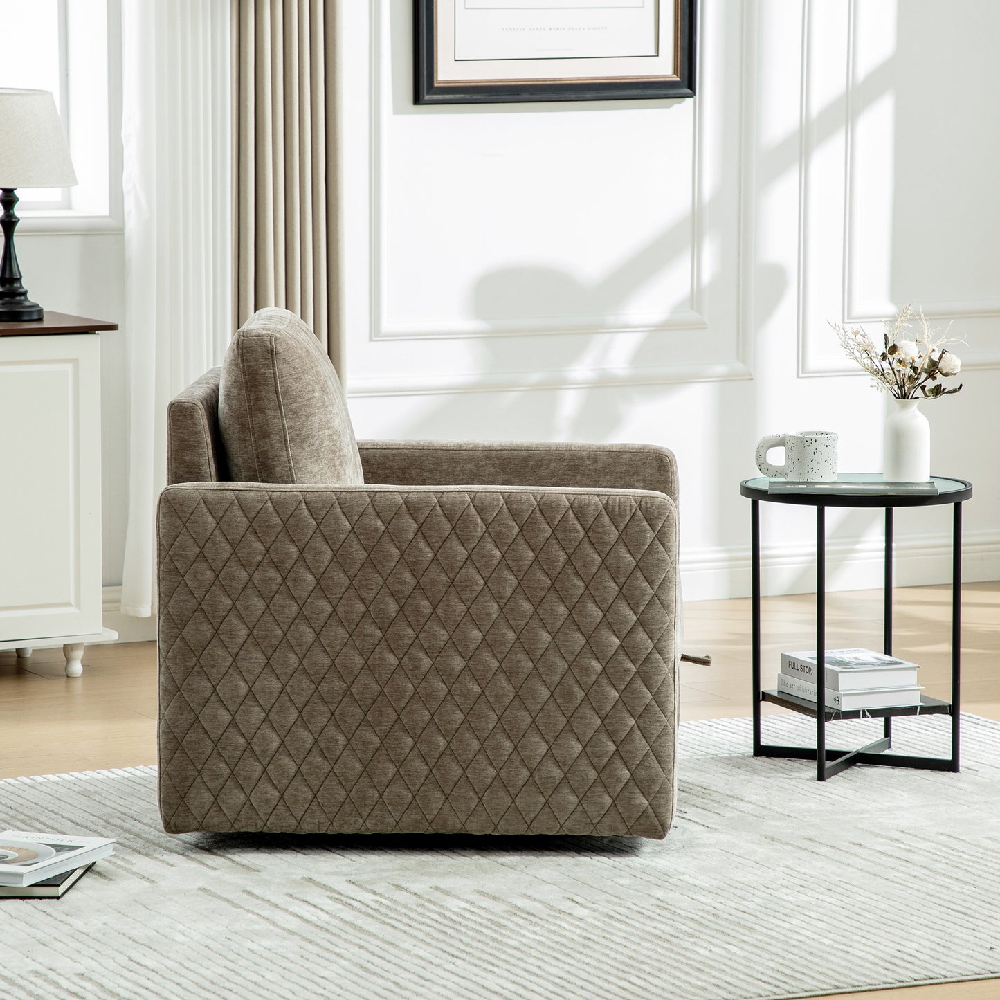 29.5''W Upholstered 360° Swivel Armchair with Hidden Storage, Comfy Diamond-Shape Tufted Armrests Accent Square Club Chair Single Sofa with Pillow for Living Room, Bedroom,Reading Nook,Corner, Taupe image 7