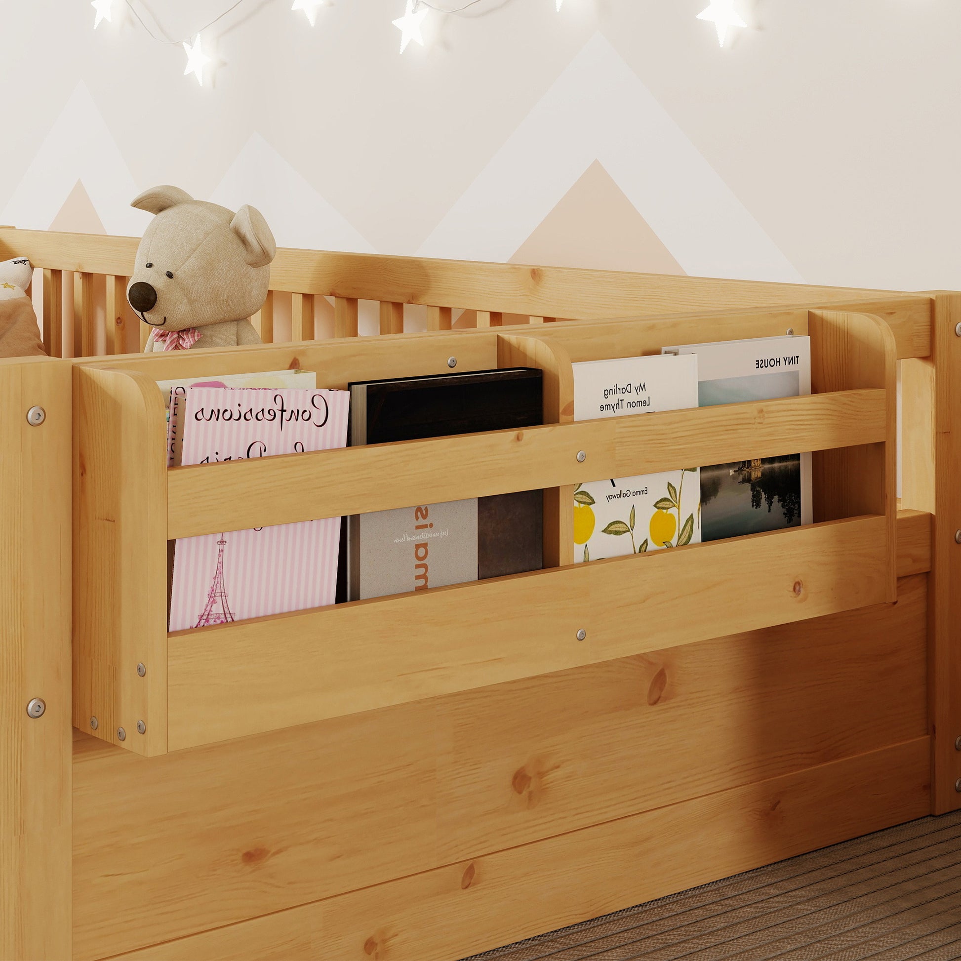 Twin Montessori Floor Bed Frame with High Rails, Wood Kids Floor Beds with Light and Storage Shelf, Natural (Expect Arrival Date 2025/8/15) image 4