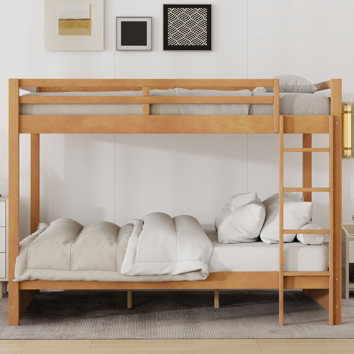 Wood Queen Size Bunk Bed with Ladder, Wood Color image 3