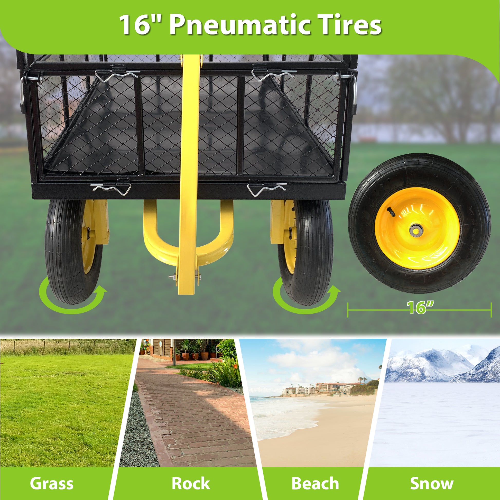 Steel Garden Cart, Heavy Duty 1400 lbs Capacity, with Removable Mesh Sides to Convert into Flatbed, Utility Metal Wagon with 2-in-1 Handle and 16 in Tires, Perfect for Garden, Farm, Yard image 5