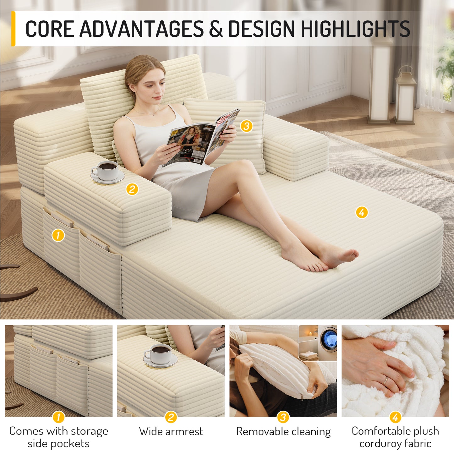Luxurious Plush Corduroy Chaise Lounge with 3 Pillows, Convertible Sofa Bed with Storage Pocket, Frameless Design & Compression Foam for Small Spaces, Living Room, Apartment,Beige&White image 10