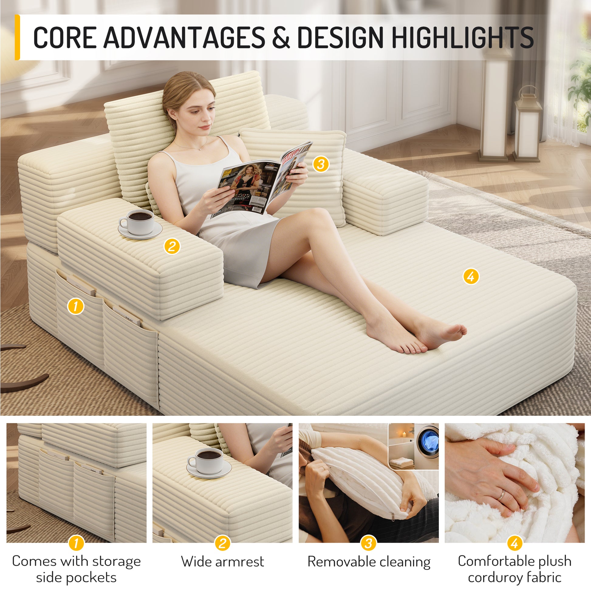 Luxurious Plush Corduroy Chaise Lounge with 3 Pillows, Convertible Sofa Bed with Storage Pocket, Frameless Design & Compression Foam for Small Spaces, Living Room, Apartment,Beige&White image 10