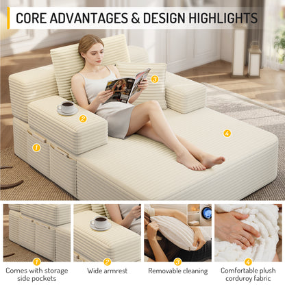 Luxurious Plush Corduroy Chaise Lounge with 3 Pillows, Convertible Sofa Bed with Storage Pocket, Frameless Design & Compression Foam for Small Spaces, Living Room, Apartment,Beige&White image 10