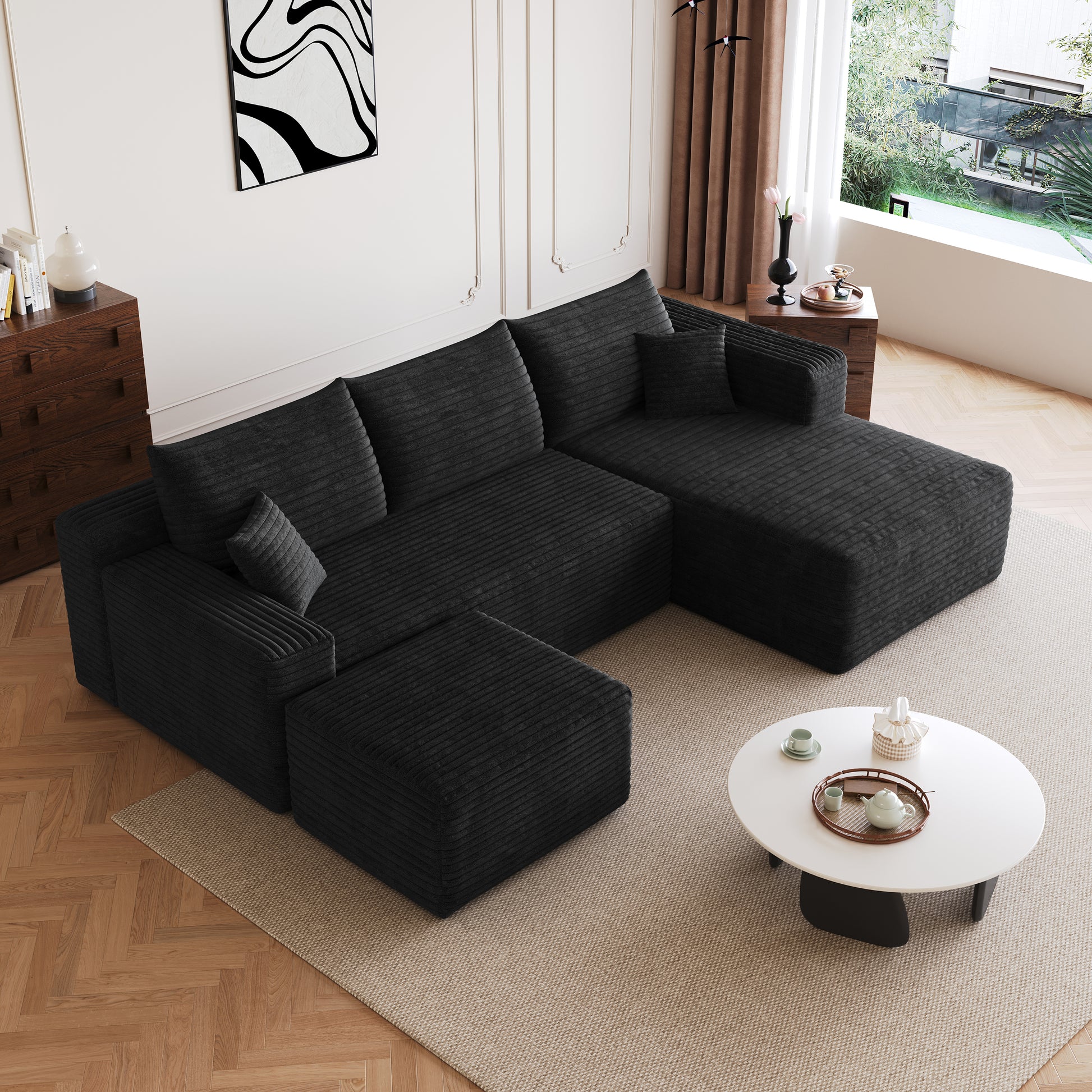 95" Cloud Sectional Sofa with 1 Ottoman,Modern Minimalist Upholstered Couches, Comfort U Shaped Sofa for Living Room,Deep Seat Corner Couch,No Assembly Required,Black (Plush Corduroy Fabric) image 5