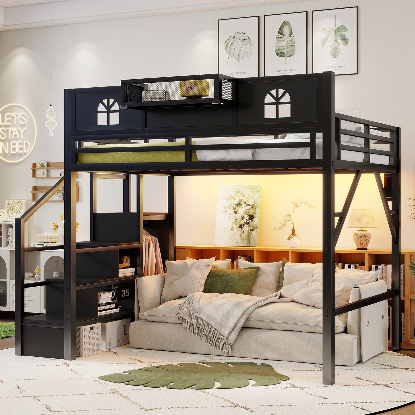 Full Size Loft Bed with Stairs, Metal Full Loft Bed with High and House Shaped Guardrails, High Loft Bed with Wardrobe for Kids Teens, black(Expect Arrival Date2026/3/17) image 1