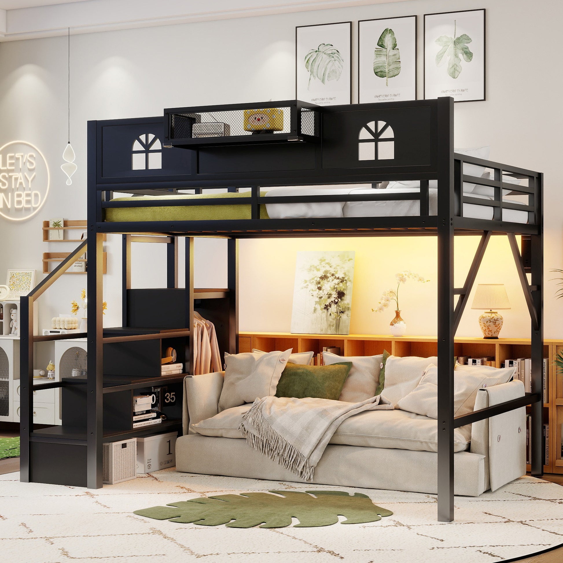 Full Size Loft Bed with Stairs, Metal Full Loft Bed with High and House Shaped Guardrails, High Loft Bed with Wardrobe for Kids Teens, black(Old SKUW2593S00055) image 4