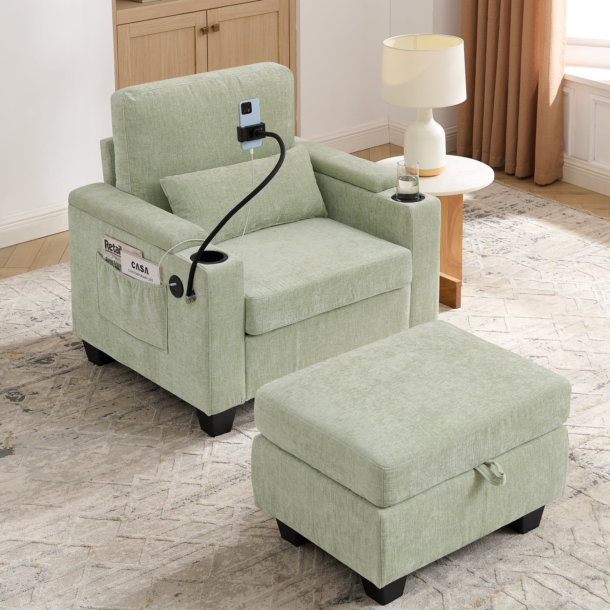 Single sofa recliner with manually adjustable backrest, USB charging port on the armrest side, phone stand included, hidden armrest storage, and a matching storage ottoman-Cyan image 2