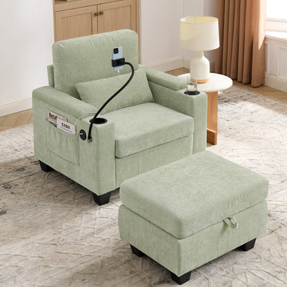 Single sofa recliner with manually adjustable backrest, USB charging port on the armrest side, phone stand included, hidden armrest storage, and a matching storage ottoman-Cyan image 2