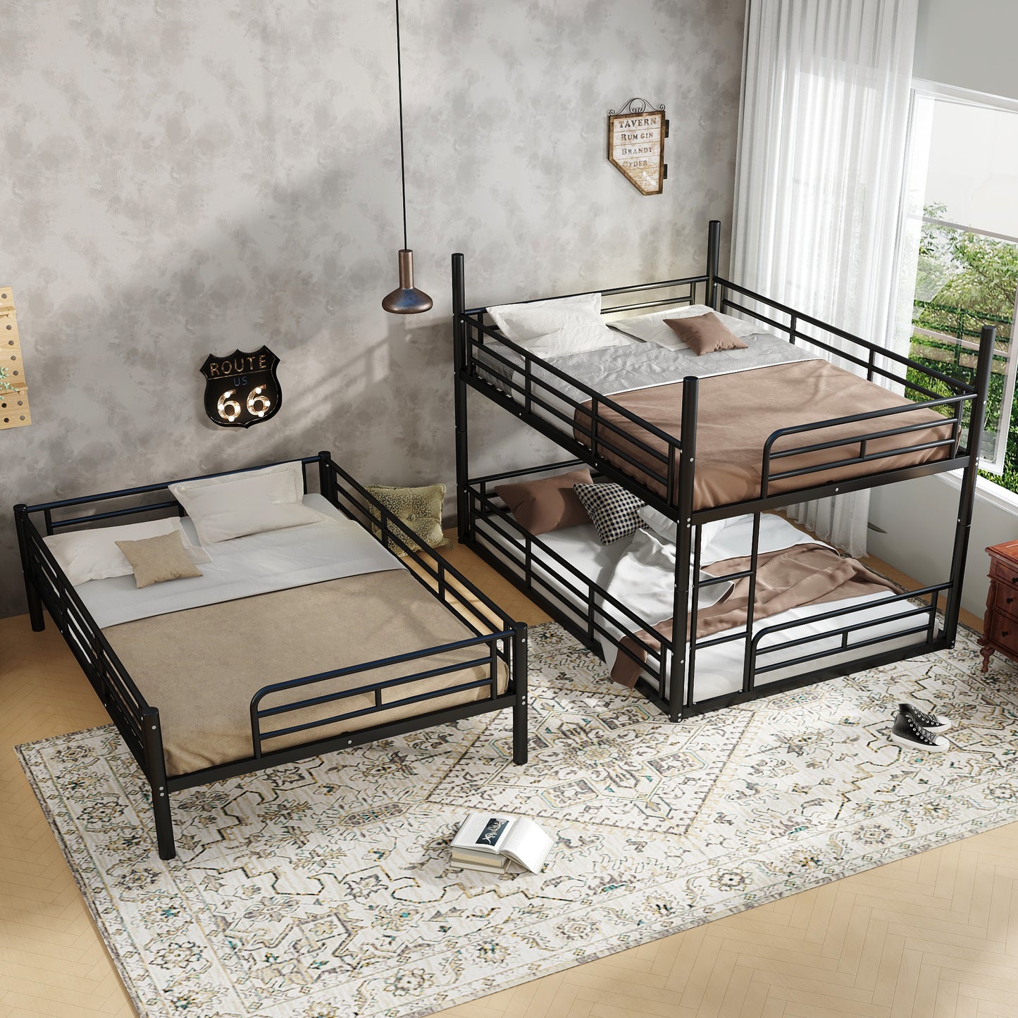 Full over Full over Full Bunk Bed, Metal Triple Bunk Bed with Safety Guardrails, Heavy-duty Bunk Bed with Noise-reduced Design, Black image 4
