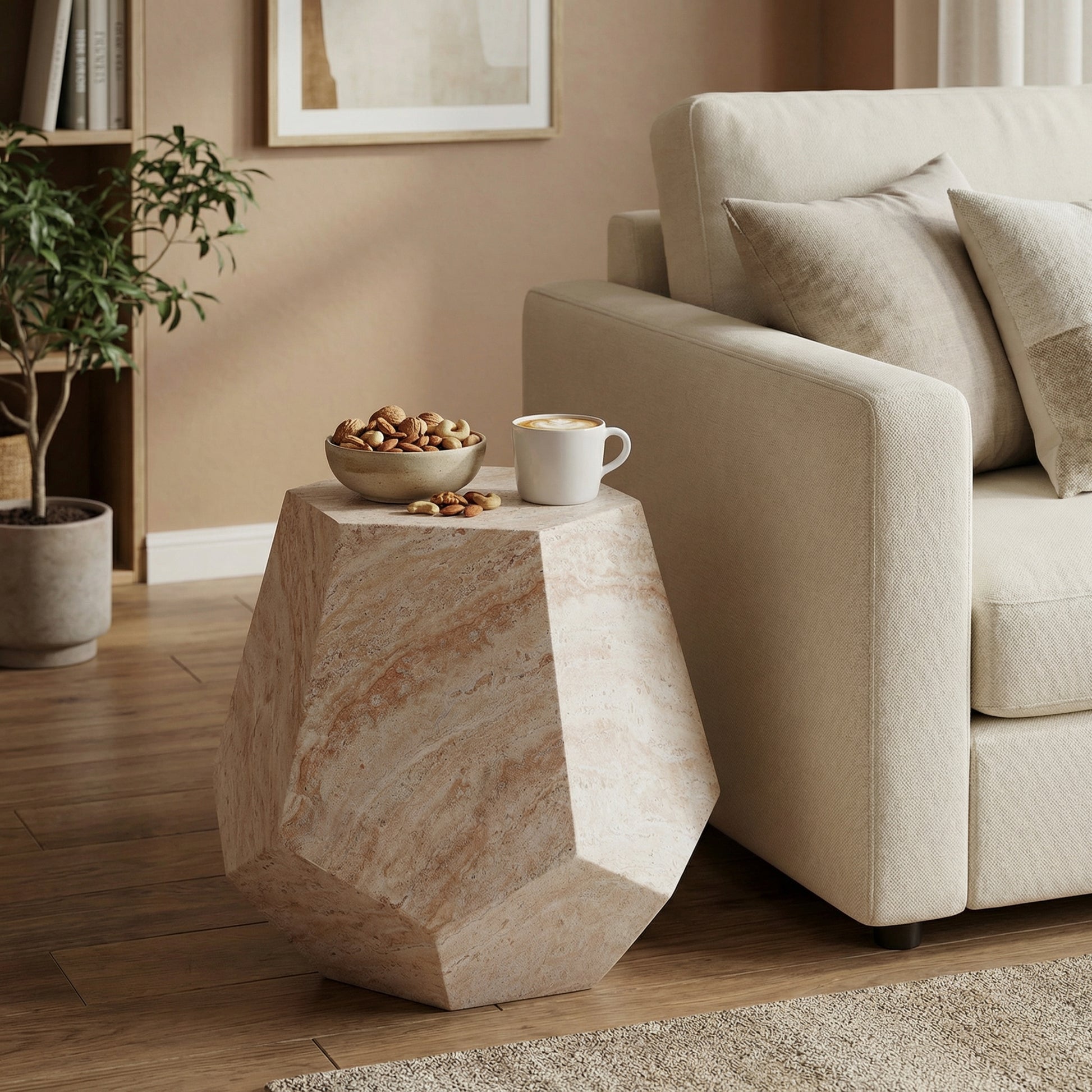 Outdoor/Indoor Lightweight Concrete Side Table,Hexagonal Round Travertine Accent Table image 1