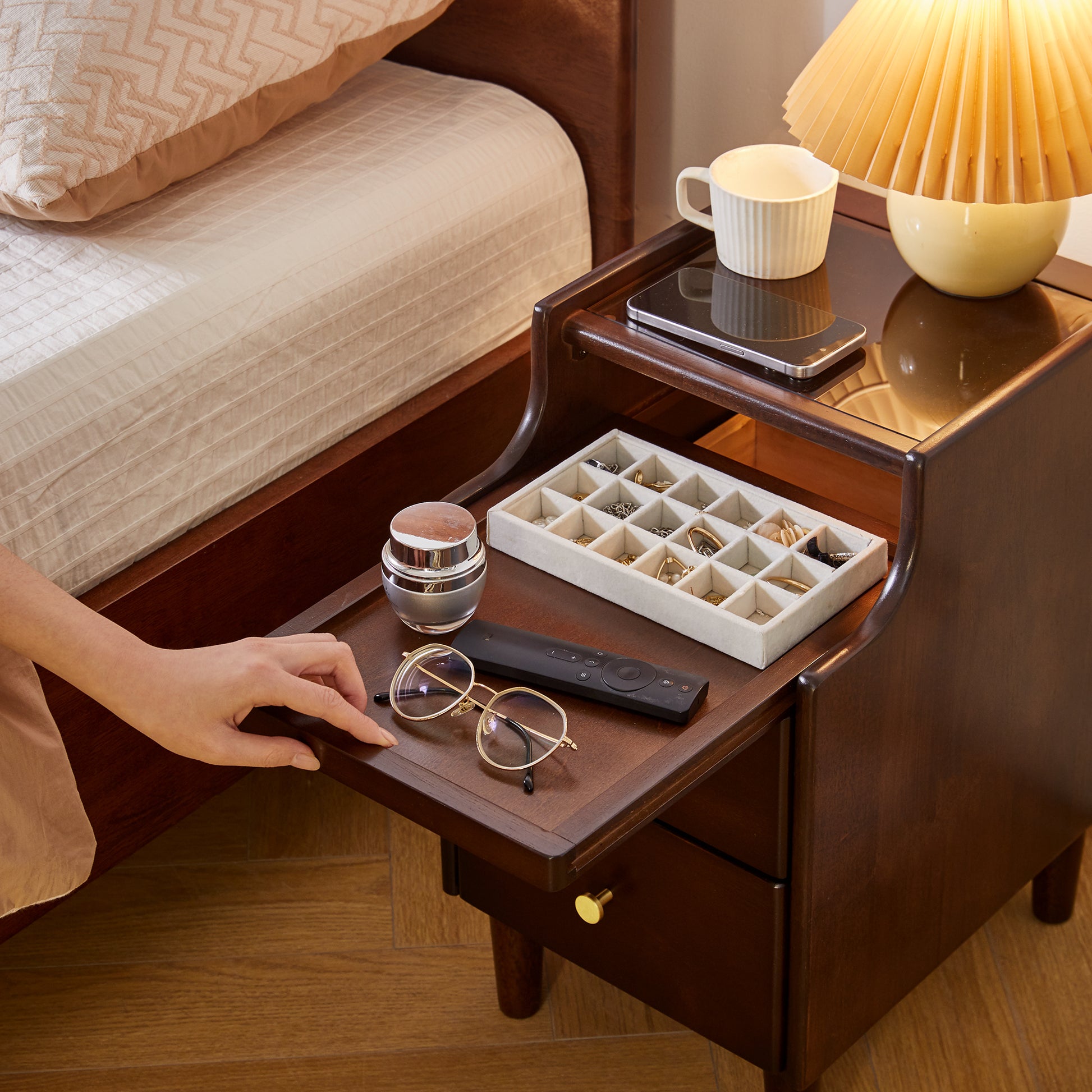Solid Wood Nightstand with Two Drawers and Pull-out Panel Storage Bedside Table and Sofa Side Table image 4