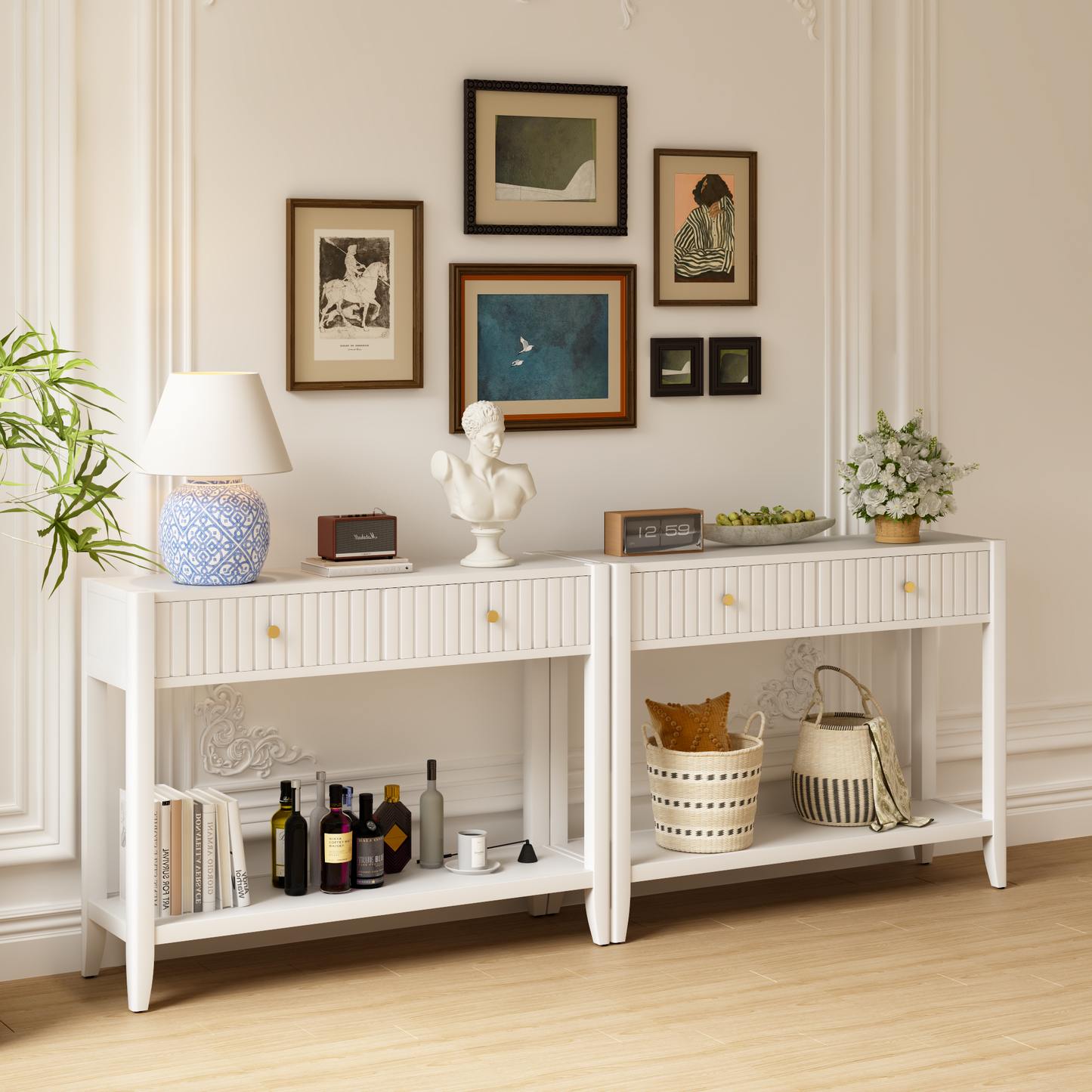 29.53" Tall Console Table with Drawers, Narrow Wood Accent Sofa Table Entryway Table with Storage Shelf for Entryway, Front Hall, Hallway, Living Room, White image 12