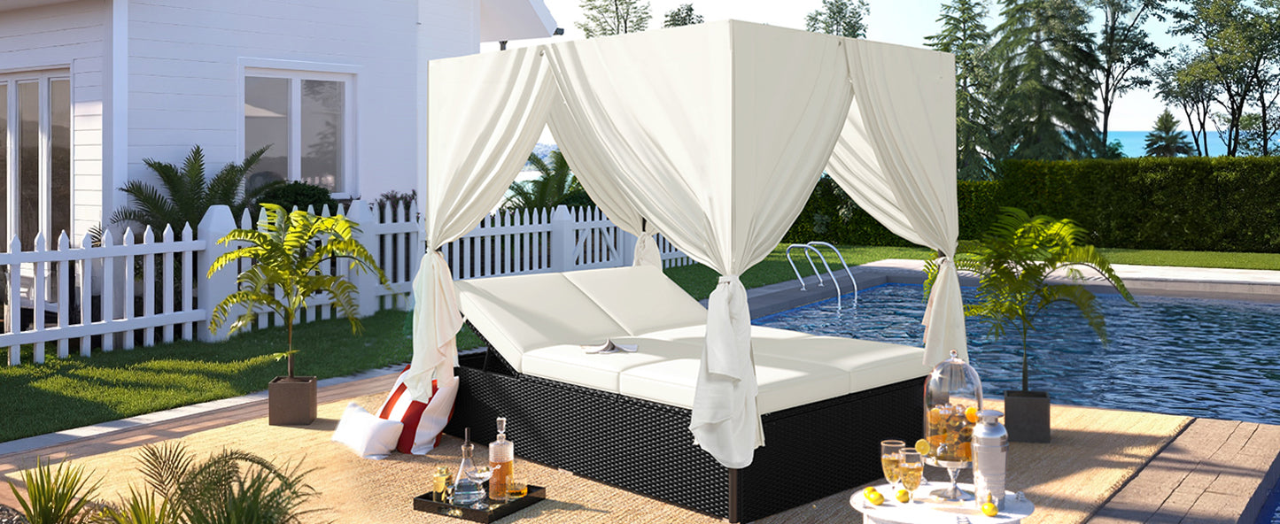 U_STYLE Outdoor Double Chaise Lounge Daybed with Curtains,Patio Outdoor Sunbed with Adjustable Backrest, Sturdy Steel Frame Loveseat Sofa for Backyard,Poolside, Terrace image 3