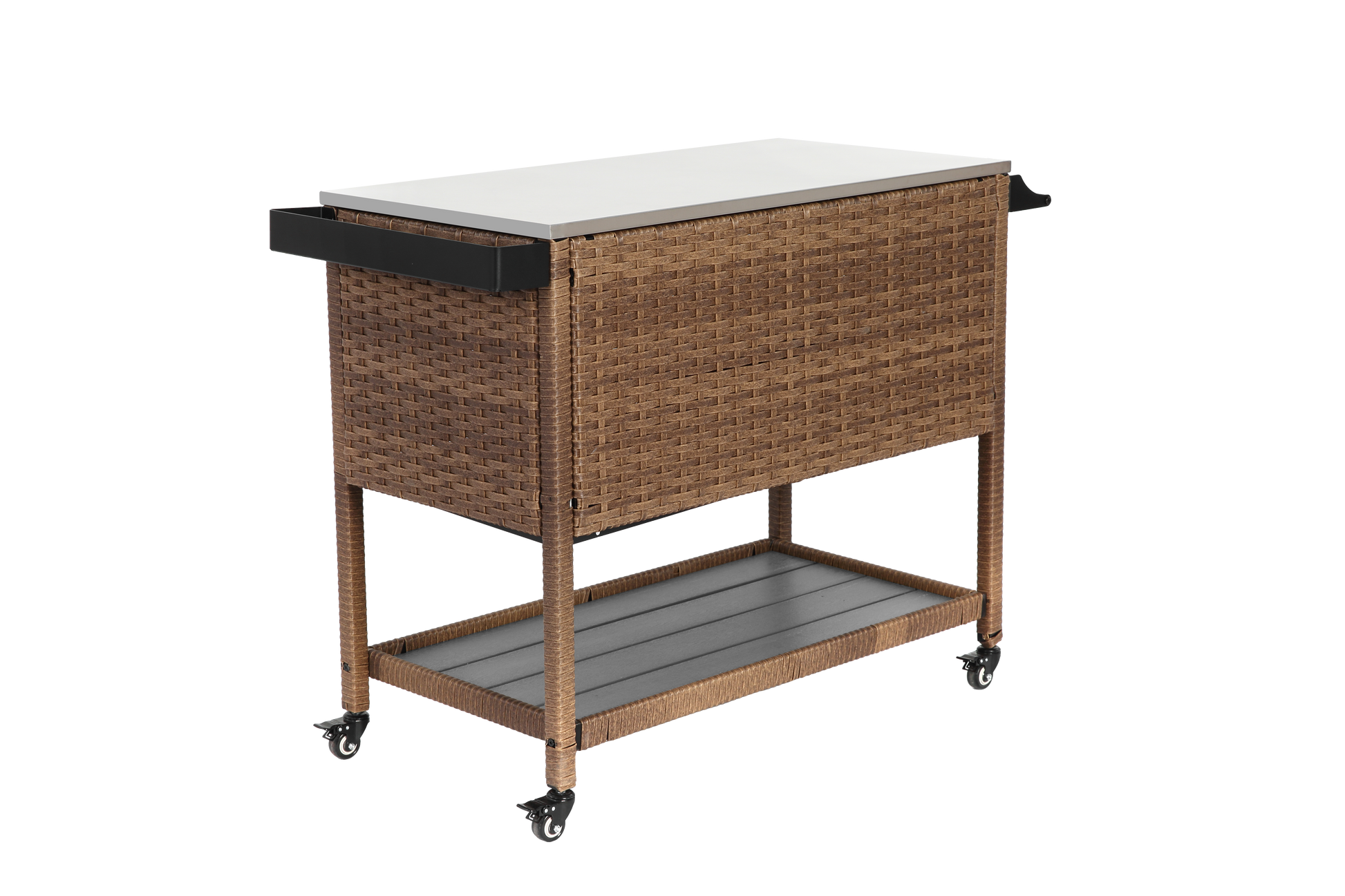 Outdoor Wicker Bar Cart, Patio Wine Serving Cart w/Wheels, Rolling Rattan Beverage Bar Counter Table with stainless steel Top for Porch Backyard Garden Poolside Party, Brown image 3