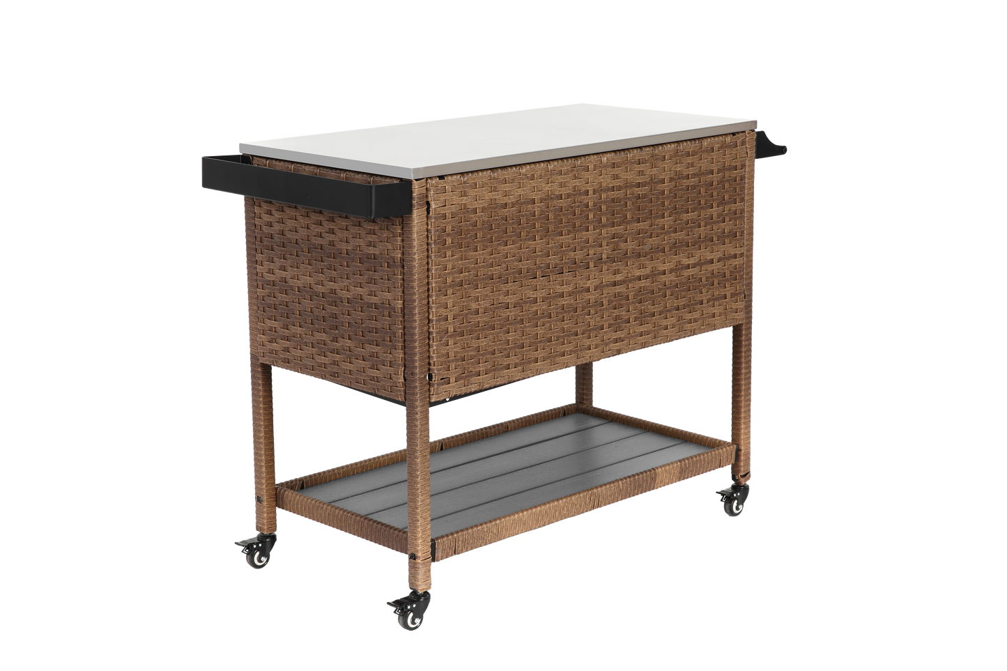 Outdoor Wicker Bar Cart, Patio Wine Serving Cart w/Wheels, Rolling Rattan Beverage Bar Counter Table with stainless steel Top for Porch Backyard Garden Poolside Party, Brown image 3