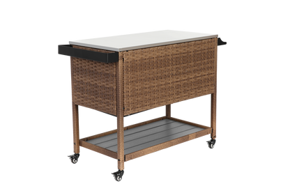 Outdoor Wicker Bar Cart, Patio Wine Serving Cart w/Wheels, Rolling Rattan Beverage Bar Counter Table with stainless steel Top for Porch Backyard Garden Poolside Party, Brown image 3