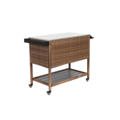 Outdoor Wicker Bar Cart, Patio Wine Serving Cart w/Wheels, Rolling Rattan Beverage Bar Counter Table w/Glass Top for Porch Backyard Garden Poolside Party, Brown