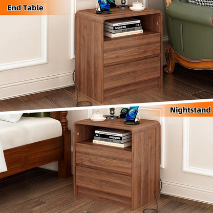 25" Tall Modern Nightstand with Charging Station, 23.6'' Wide Wood Bedside Table w/2 Storage Drawers, Large Mid Century End Table for Bedroom, Living Room, Curved Profile Design (WALNUT) image 8