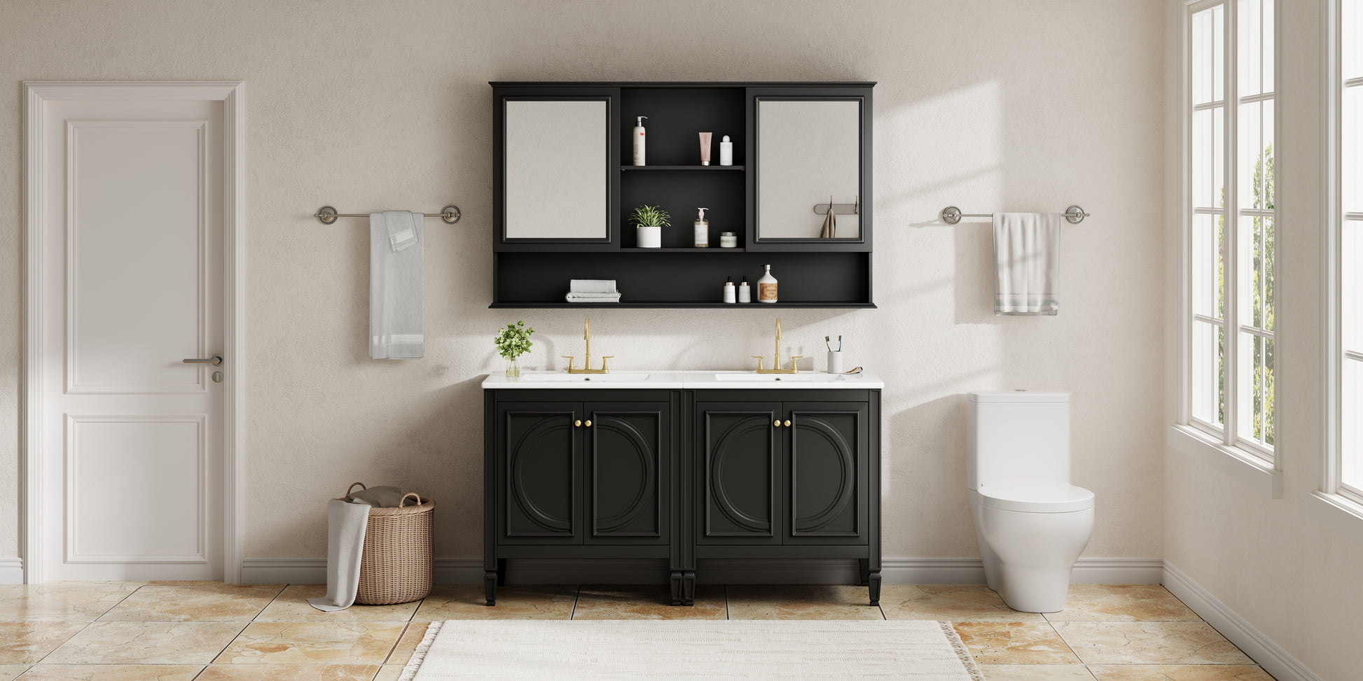 60" Double Sink Bathroom Vanity Set with Matching Wall Mount Medicine Cabinet, Vintage Raised Round Panel Doors & Tapered Legs, Soft Close Hinges, Adjustable Storage Shelves, Black image 2