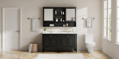 60" Double Sink Bathroom Vanity Set with Matching Wall Mount Medicine Cabinet, Vintage Raised Round Panel Doors & Tapered Legs, Soft Close Hinges, Adjustable Storage Shelves, Black image 2