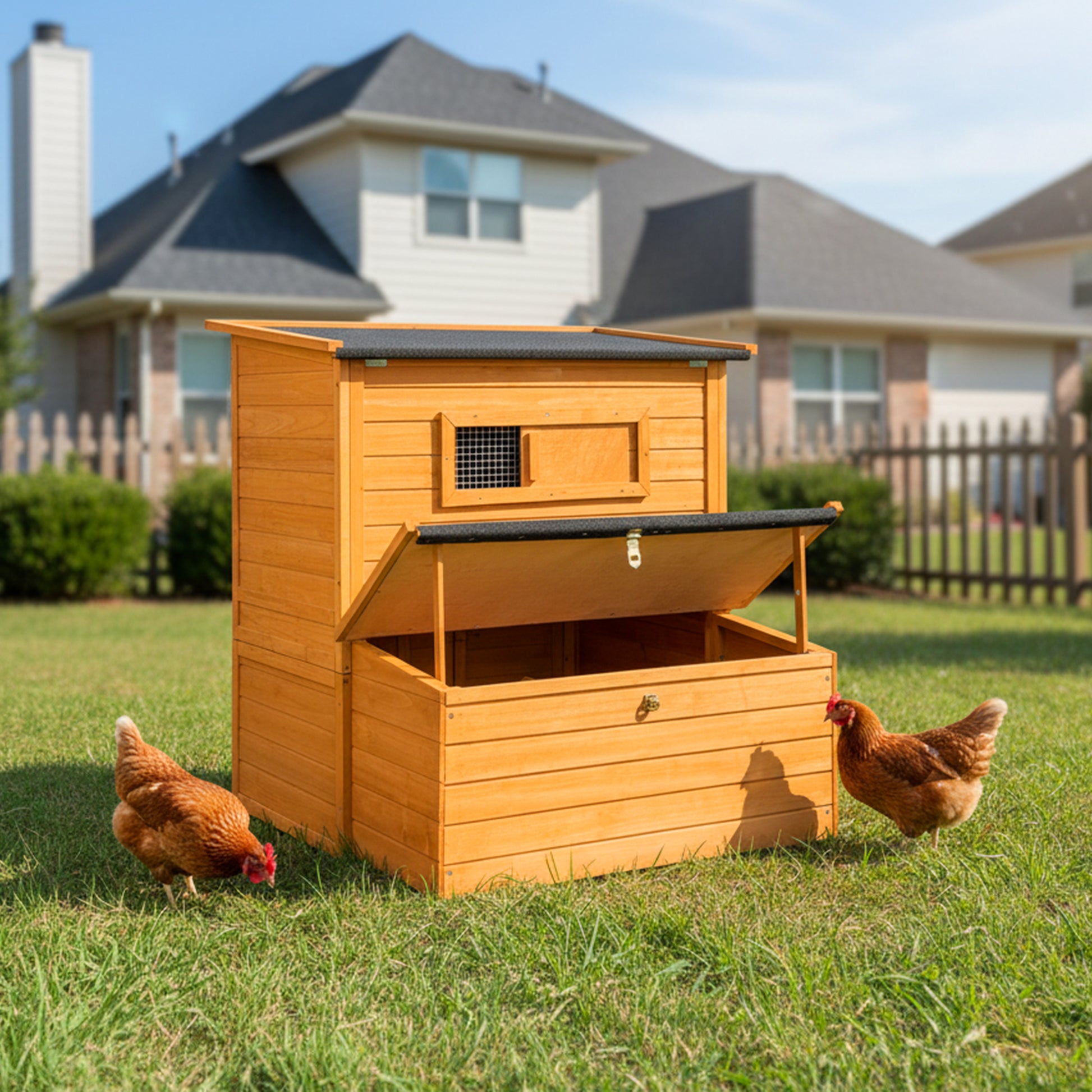 Chicken Coop, Double-House Wooden Chicken Coop For 6-8 Chickens With 3 Nesting Boxes And 2 Pull-Out Trays, Featuring A Foldable Ramp And Asphalt Roof image 4