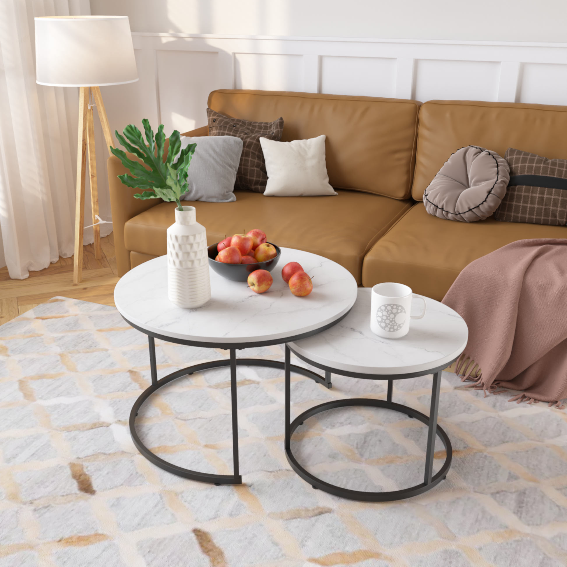 27.6" Nesting Coffee Table Set of 2, Round Coffee Table Wood Marble Pattern Top with Sturdy Metal Frame, End Table Side Tables for Living Room Bedroom Balcony Yard (White) image 10