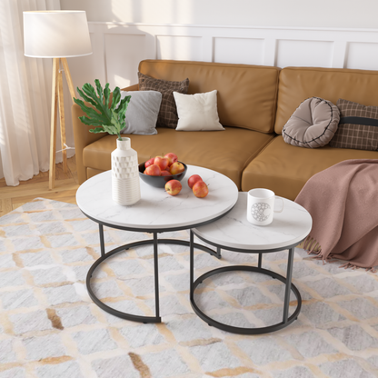 27.6" Nesting Coffee Table Set of 2, Round Coffee Table Wood Marble Pattern Top with Sturdy Metal Frame, End Table Side Tables for Living Room Bedroom Balcony Yard (White) image 10