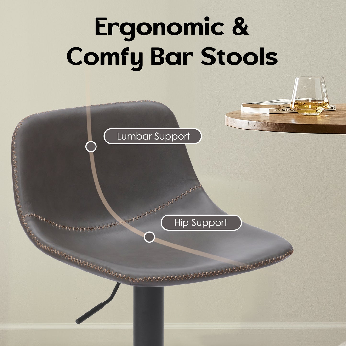 Adjustable Bar Stools Set of 2, Mid Century Modern Swivel Bar Stools, Industrial Bar Height Stools With Back Support Counter Height Bar Chairs Pu Leather Bar Stool for Kitchen Island Rustic Barstools image 2
