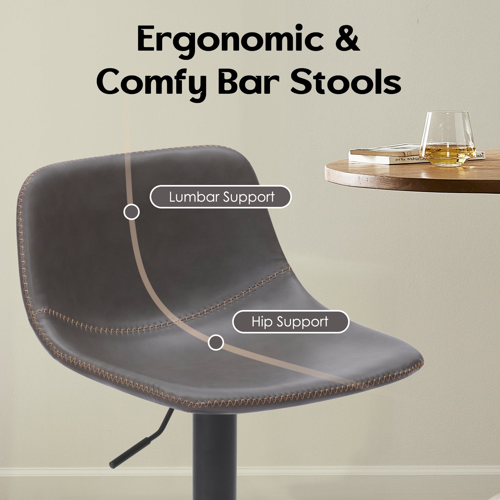 Adjustable Bar Stools Set of 2, Mid Century Modern Swivel Bar Stools, Industrial Bar Height Stools With Back Support Counter Height Bar Chairs Pu Leather Bar Stool for Kitchen Island Rustic Barstools image 2