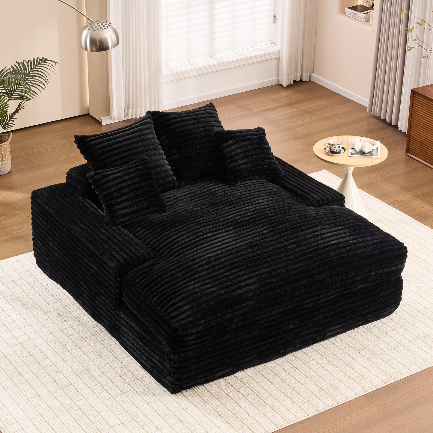 028DR-Oversized chaise Lounge chair, Upholstered Sleeper Sofa Bed with 4 Throw Pillows and Armrests, Corduroy Fabric Plush Lounge Chair Bed for Living Room, Apartment & Small Spaces, Black image 1