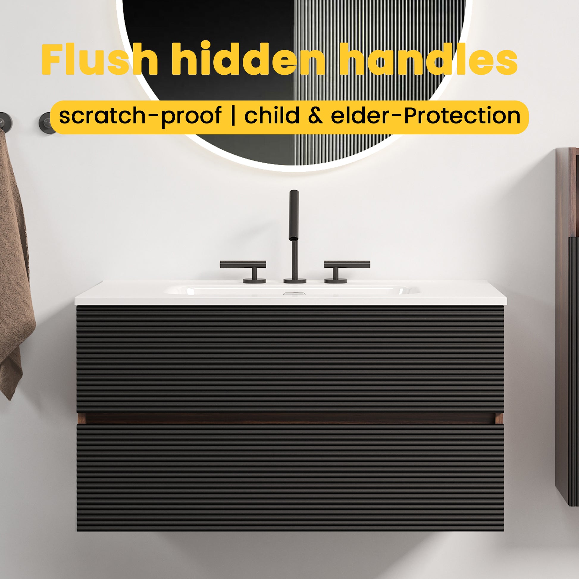 Gloria 36" Wall Mounted Soft Black & Walnut Bathroom Vanity with Integrated Ceramic Sink with 3 holes, with Overflow, Large Storage Floating Bathroom Vanity for Modern Bathroom, KD image 3