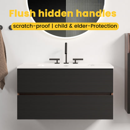 Gloria 36" Wall Mounted Soft Black & Walnut Bathroom Vanity with Integrated Ceramic Sink with 3 holes, with Overflow, Large Storage Floating Bathroom Vanity for Modern Bathroom, KD image 3