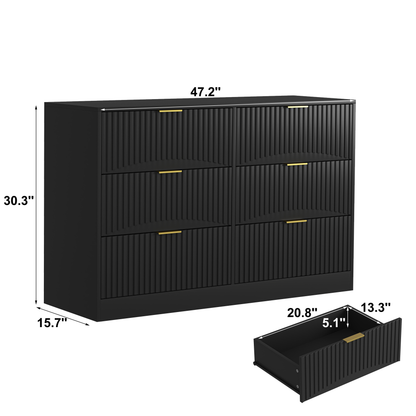 Modern 6-Drawer Dresser, Chest of Drawers for Bedroom, Living Room, Hallway, and Entryway - Large Storage Cabinet, Black,Drawer panel with wavy patterns image 6