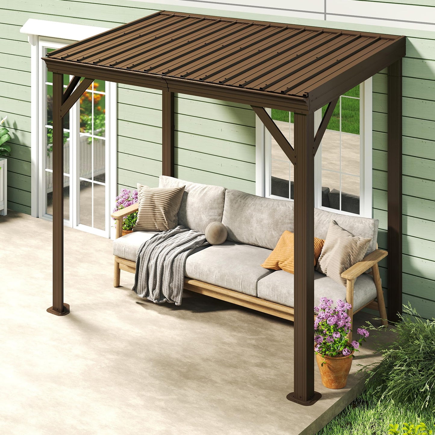 8x5FT Lean to Gazebo, Outdoor Hardtop Wall Mounted Gazebo with Sloping Galvanized Steel Roof, Upgraded Heavy Duty Mounted Shelter with Drainage System for Deck, Porch, Backyard,Brown image 3