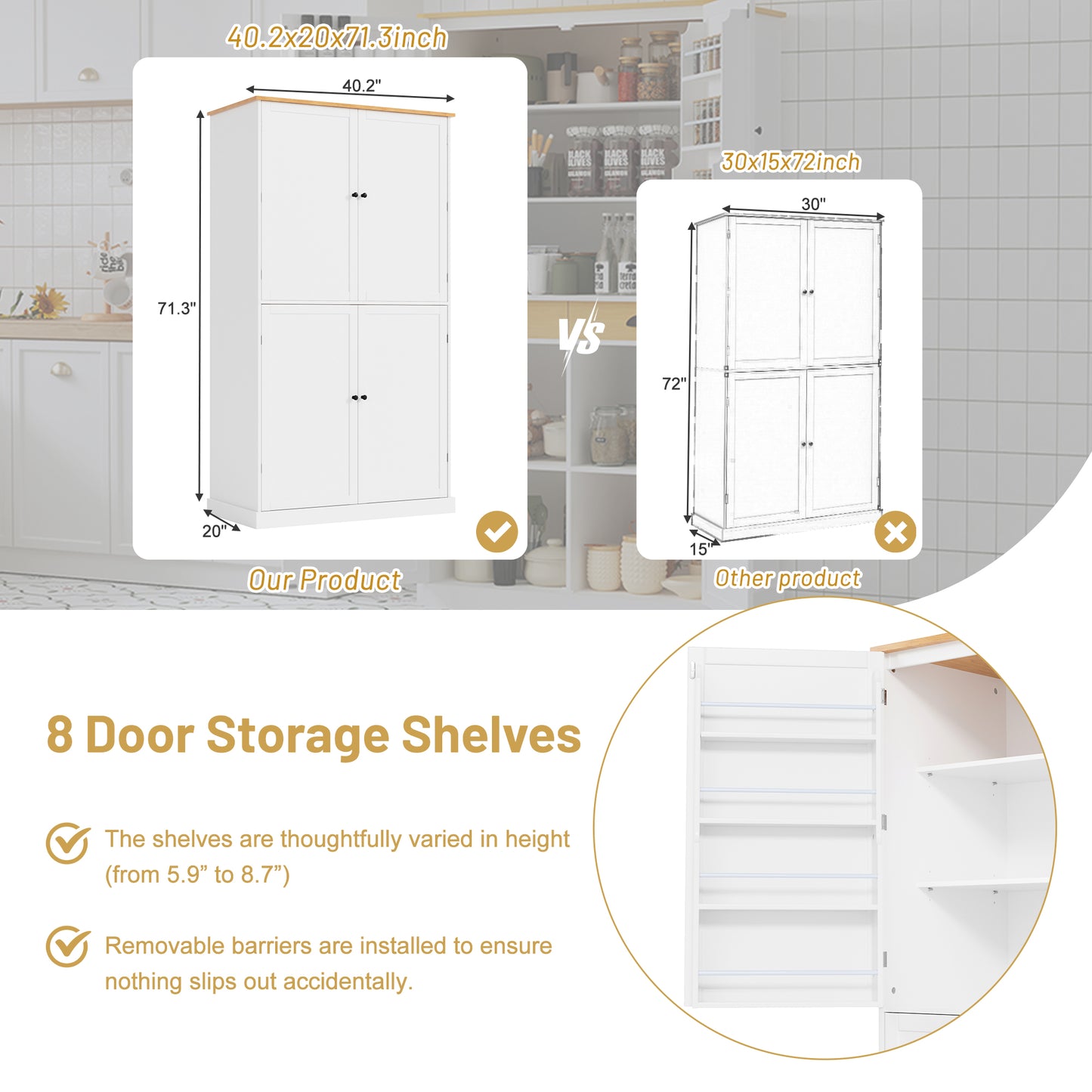 [Assembly Video Provided]TOPMAX 40.2x20x71.3inch High Freestanding Kitchen Pantry Large Cupboard Storage Cabinet with 2 Drawers, 2 Adjustable Shelves, 8 Door Shelves for Kitchen, Dining Room,White image 5