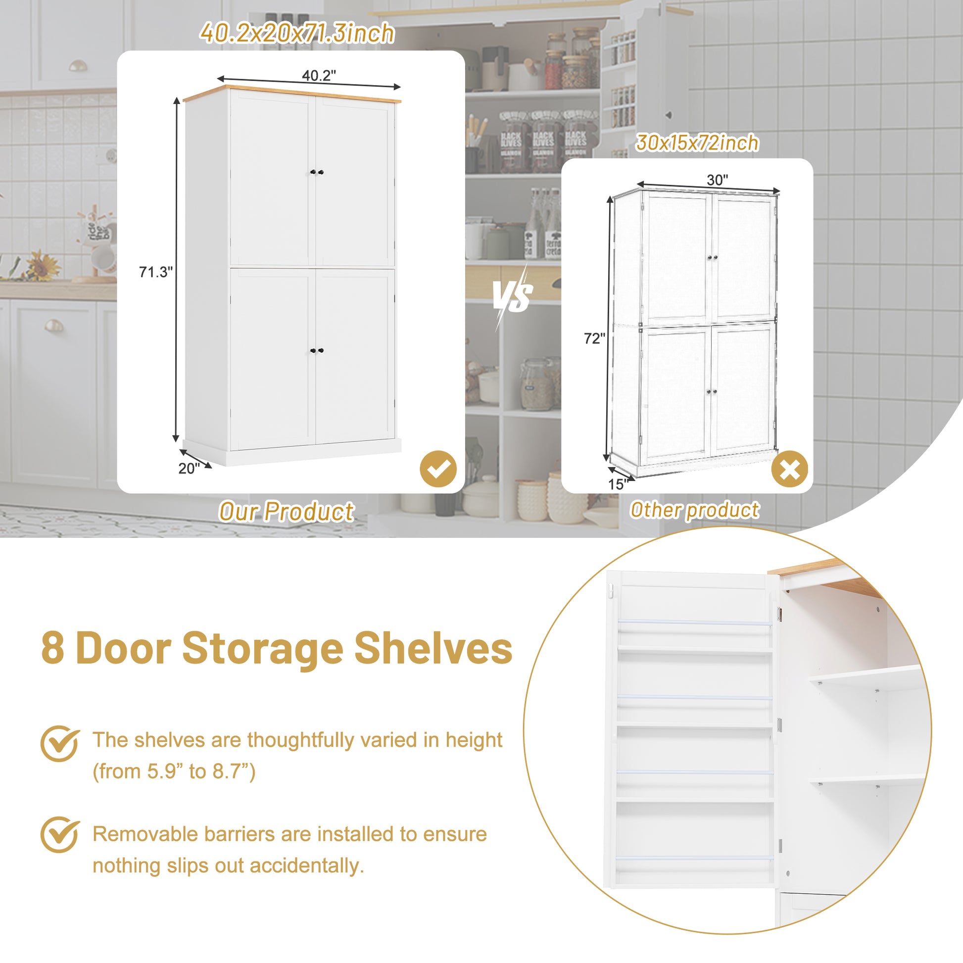 [Assembly Video Provided]TOPMAX 40.2x20x71.3inch High Freestanding Kitchen Pantry Large Cupboard Storage Cabinet with 2 Drawers, 2 Adjustable Shelves, 8 Door Shelves for Kitchen, Dining Room,White image 5