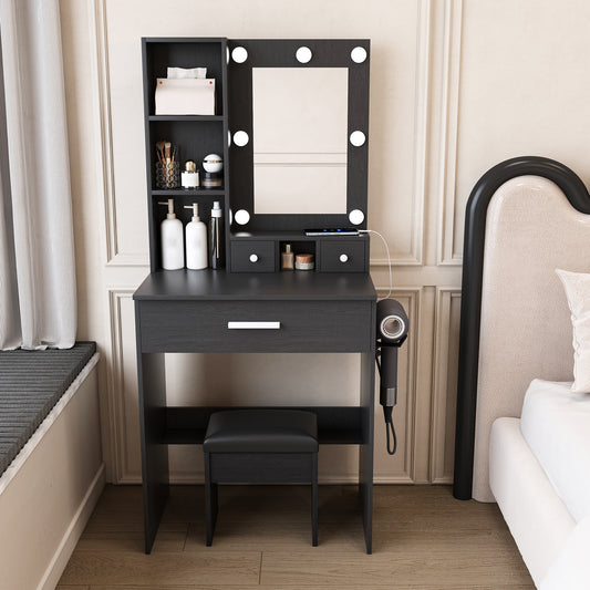 Vanity Table with Mirror & Adjustable LED Lights, Power Outlet, Hairdryer Holder & Stool – Compact Dressing Desk for Small Bedrooms(Black) image 1