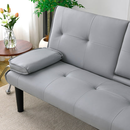 The 67-inch light gray PVC multi-functional sofa bed, with a foldable and cup holder design, makes it extremely convenient to turn the living room into a guest room image 5