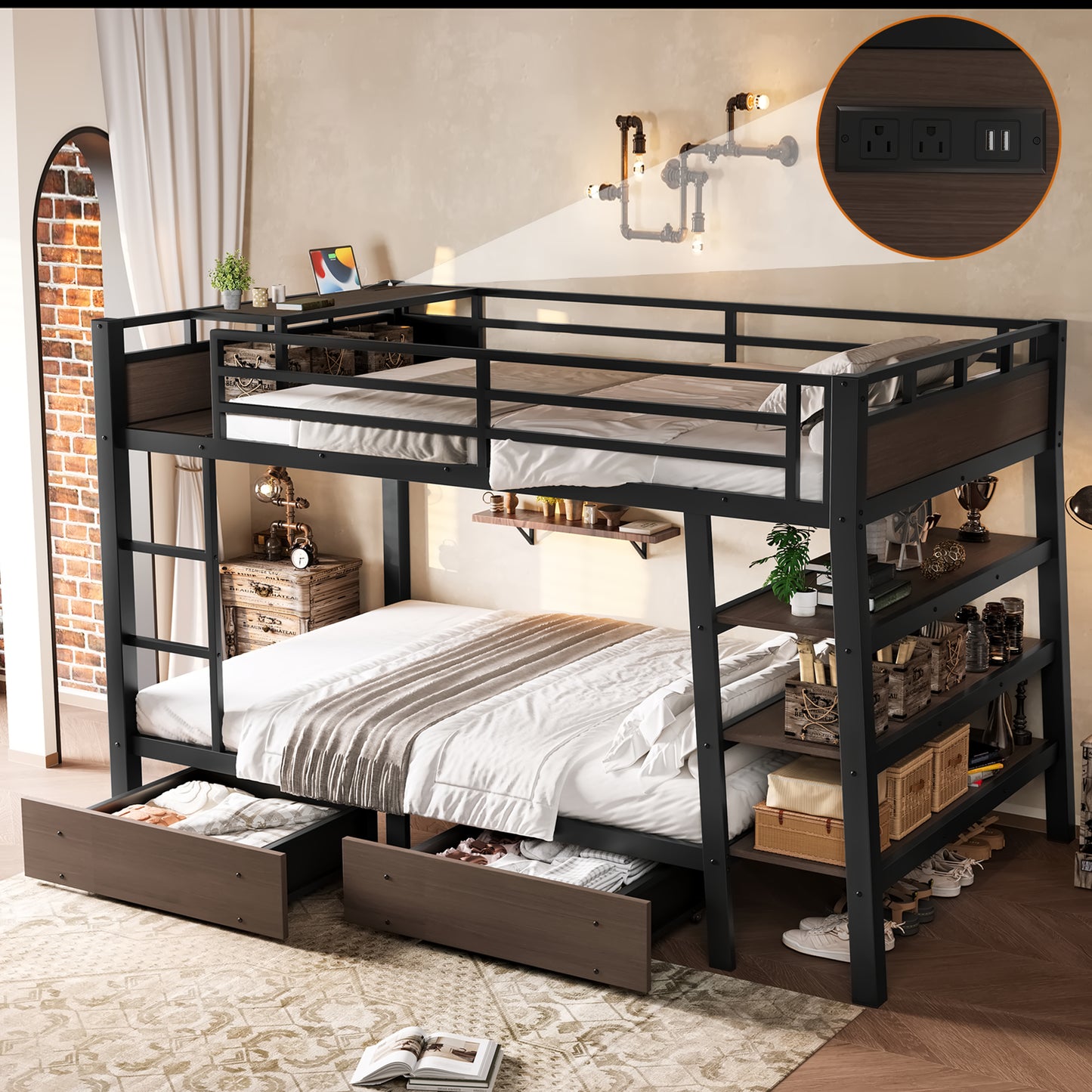 Full Size Metal Bunk Bed with Storage Shelves, LED light strip, and USB power strip, black image 1
