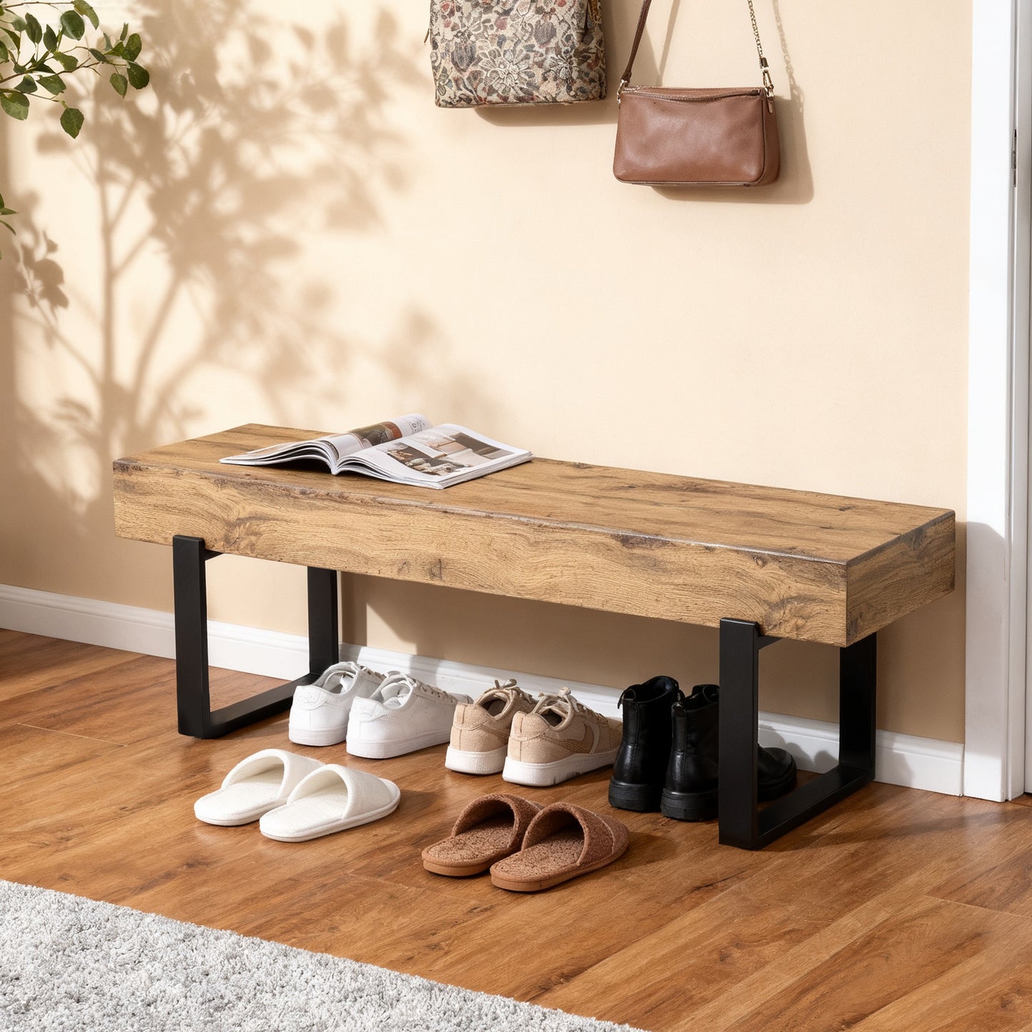 59" Wood Bench for Bedroom End of Bed, Farmhouse Indoor Kitchen Table Benches,Versatile Modern Shoe Bench for Entryway, Natural image 1